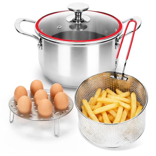 Deep Fryer Pot with Basket, Cooking Pot with Strainer Basket, 4.0L/4.2QT Multi-function Pot with Anti-scald Handle, Egg Steamer Rack & Lid, Stainless Steel Cookware for Home Kitchen Outdoor Camping