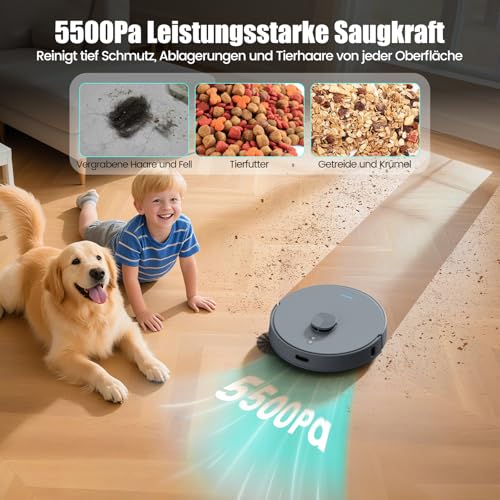AIRROBO Saugroboter mit Wischfunktion und Absaugstation, T25+ Staubsauger Roboter 5500Pa, Saug und Wischroboter LiDAR Navigation, 240Min Laufzeit, APP-Steuerung, Starke Saugkraft für Teppich Tierhaare – Bild 6