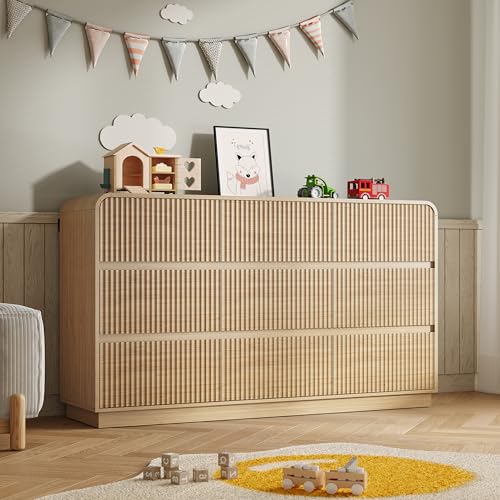 Image of BORNOON Dresser for Bedroom with 9 Drawers, Fluted Chest of Drawers with Round Curved Corner, Hidden Handles, Modern Wood Storage Organizer for Bedroom, Nursery, Living Room