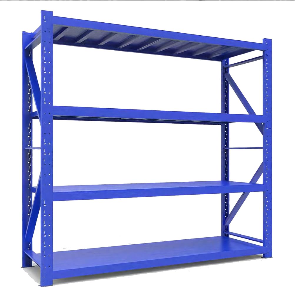 Wytrzymałe przemysłowe metalowe półki magazynowe, 4-poziomowy system regałów magazynowych niebieski, 200 x 100 x 40 cm, regał do warsztatów garażowych i rozwiązań do przechowywania