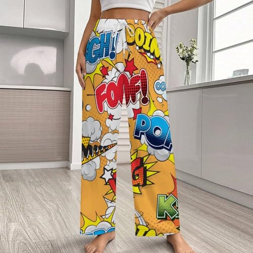 Unisex Pajama Pants, Comics Art Pop Pattern Classic Drawstring Waist Loose Fit PJ Sleepwears with Pockets for Coulpe2