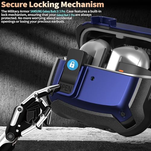 Image of Galaxy Buds 3 Pro /3 /3 FE Case Cover with Secure Lock Clip, Shockproof Samsung Galaxy Buds3 /3 Pro 2024 /3 FE 2025 Protective Hard Cover Shell with Carabiner&Cleaner kit for Men Womenn, Black /Blue