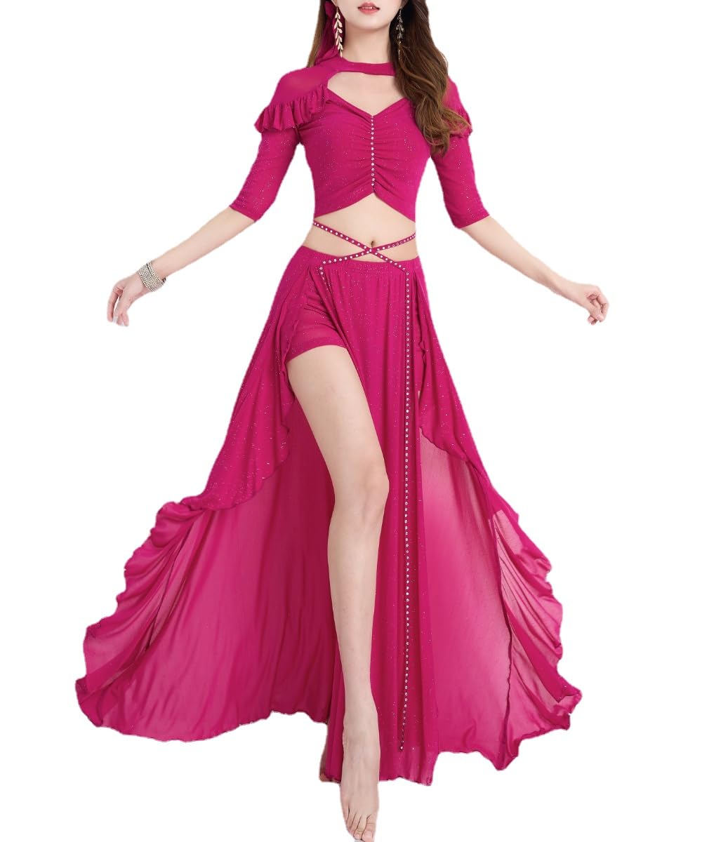 HEARTTOUCH Women Belly Dance Costume - Crop Top and Slit Skirt with Headbands - Carnival & Halloween Outfit (Dark Purple, L)