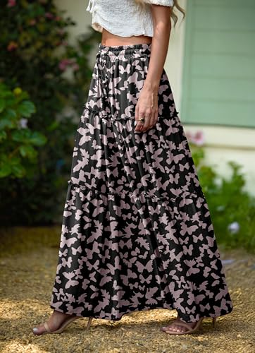 Image of Lepunuo Womens Casual Boho High Waisted Flowy Maxi Skirts Tiered Floral Long Skirts with Pockets for Summer Beach Vacation