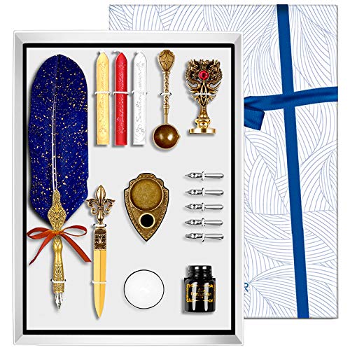 Aifeiter Upgrade Feather Pen Ink Set,Ink quill Set, Wax Seal Stamp Kit,quill Pen,Calligraphy Writing Drawing Pen for Students Officer,Feather Pen Ink Set Gift Box (Blue)