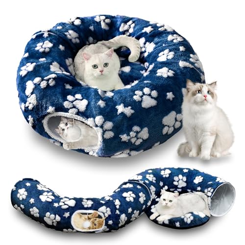 Image of Cute Round Cat Tunnel for Indoor Cats, Blue Paw