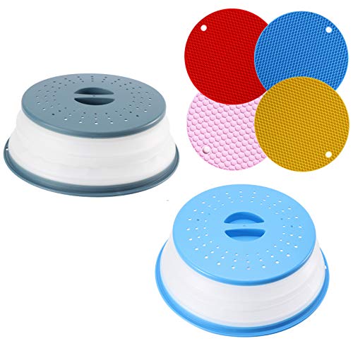 Sahndely 2PCS Collapsible Microwave Plate Cover for Food Vented with 4PCS Extra Thick Silicone Trivet Mat for Home Use BPA-Free Non-Toxic BlueInk-blue