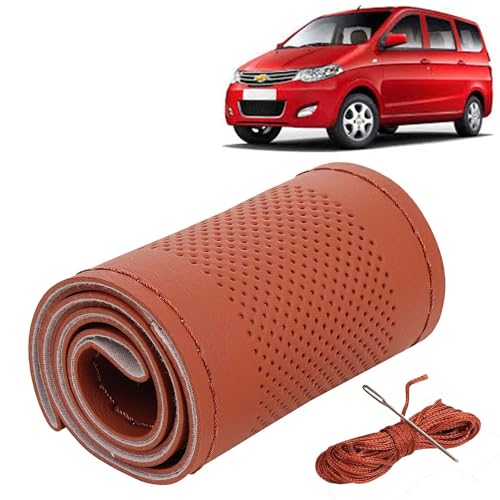 Image of KINGSWAY PU Leatherite Car Steering Cover Sewable Compatible with Chevrolet Enjoy (Year 2013-2017), Tan Color with Tan Thread, Pack of 1 with Sewing Needle and Thread