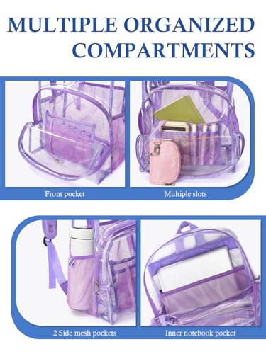Image of Clear Backpack for School, 17 inch Large Heavy Duty-TPU See Through Bookbag for Boys Girls and Adult, Transparent Backpack With Multi-Pockets for College Work Gym Sport, Light Purple