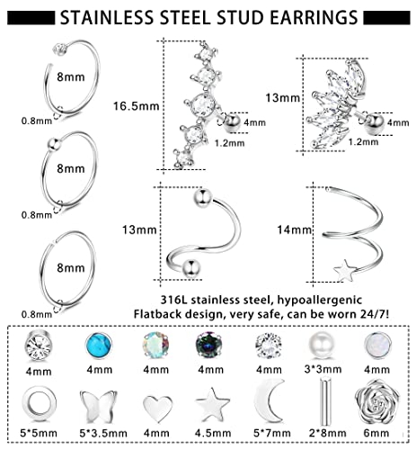 YADOCA 19Pairs Hypoallergenic Surgical Steel Earrings For Women Men Flat Back Earrings Cartilage Earrings Stud Hoops Small CZ Heart Star Moon Opal Butterfly Helix Tragus Daith Flatback Earrings Piercing Jewelry 20G2