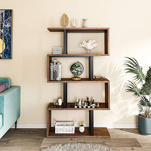 Yitahome 5-Tier Bookshelf, S-Shaped Z-Shelf Bookshelves And Bookcase, Industrial Freestanding Multifunctional Decorative Storage Shelving For Living Room Home Office, Retro Brown #TOP4