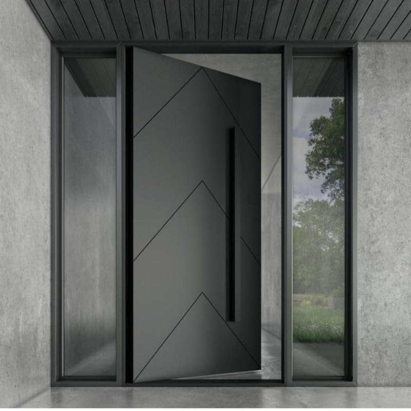 Puerta frontal geométrica moderna, puerta de entrada de aluminio negro contemporáneo con paneles laterales, puerta exterior hecha a medida con patrón diagonal