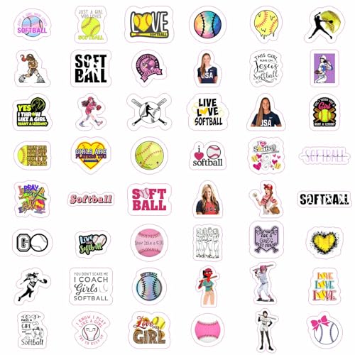 Image of 100Pcs Softball Stickers for Girls for Water Bottle and Laptop - Softball Party Favors & Decorations, Waterproof Vinyl Decals, Sports and Athlete Stickers, Gifts for Women & Men