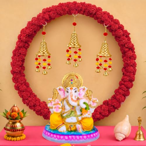 Image of SpecialYou Ganpati Decoration Setup for Home with Round Backdrop Stand, 4 Marigold Garlands & 3 Bell Latkans for Decor | Ganpati Decoration Stand for Home | Ganapati Decorations Item (Red, 8)