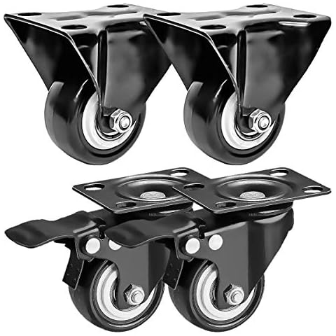 FactorDuty 4 Pack Combo 2 inch Caster Wheels 2 Rigid Non Swivel Fixed Stationery & 2 With Brake Swivel Plate All Black Polyurethane Wheels Non Marking No Noise 150LB Per Wheel Cover