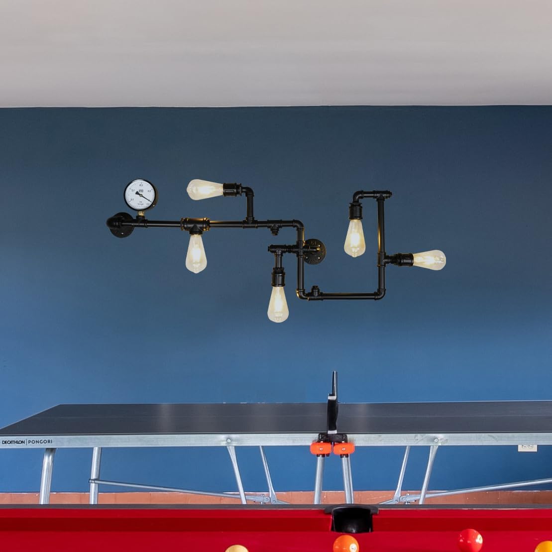 Industrial Water Pipe Wall Sconce, Steam Punk Wall Mount Lamp, 35.4" Cool Wall Lamp for Bedroom, Bar Black Finish