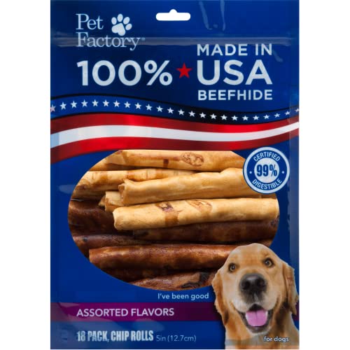 Pet Factory Beefhide Chip Rolls Dog Treats 78117 Made in USA, Natural, Digestive 5-Inch Dog Chew with Assorted Beef & Chicken Flavor, High Protein, Improves Dental Health. 18 Pack, Resealable Package