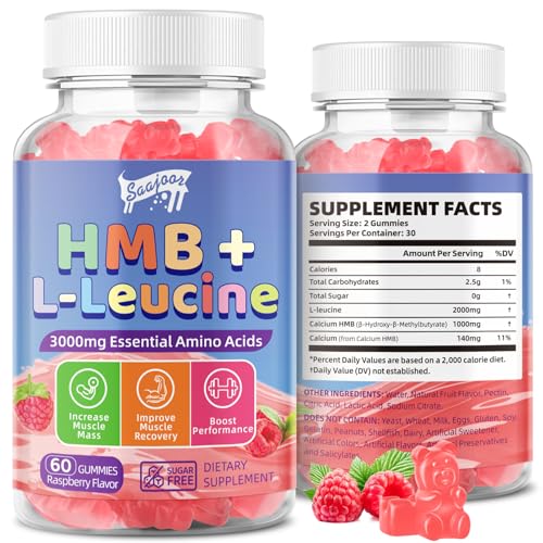 HMB and L-Leucine 3000mg with Calcium Gummies - Muscle Support & Recovery for Adults & Elderly, Vegan, Non-GMO, Gluten Free, 60 Gummies