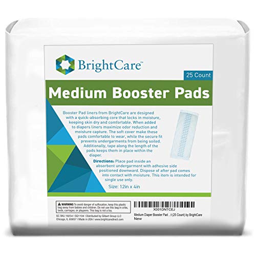 Medium Adult Diaper Booster Pad Liner - Inserts With Adhesive (12 X4 Inch) - Doubler Locks In Moisture Throughout Day Or Night (25 Count) By Brightcare #TOP2