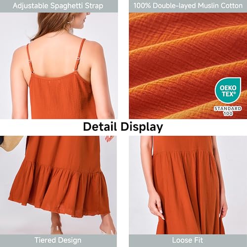 Image of Simple&Opulence Women Summer Casual Cotton Maxi Dress, Loose Sleeveless Spaghetti Strap Tiered Boho Flowy Sundress for Beach