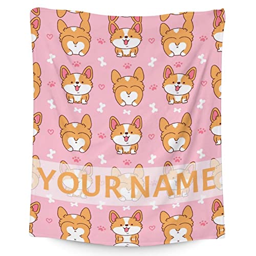 Personalized Corgi Blanket Gifts with Name - 60"x80" Cute Throw for Adults, Kids - Pink Soft Fuzzy Blankets for Bed, Couch & Living Room