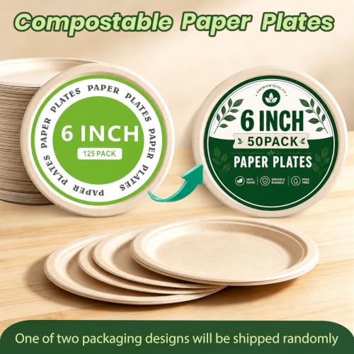 Image of 6 Inch Disposable Paper Plates 50 Pack, Heavy Duty Bagasse Plate | Eco Friendly Bagasse Plates with Strong Durability, Leak Resistance, Microwave Safety for Desserts,Meals,Parties,Picnics