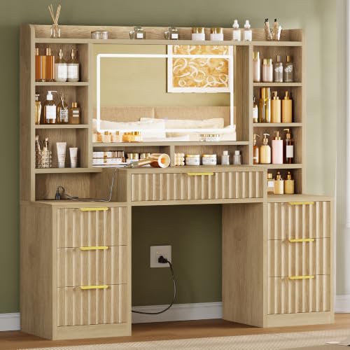 Image of FIONESO Fluted Large Vanity Desk with Mirror and Lights, Power Outlet, Makeup Vanity with 7 Drawers & 6 Open Storage Shelves, 3 Lighting Modes Brightness Adjustable, Natural