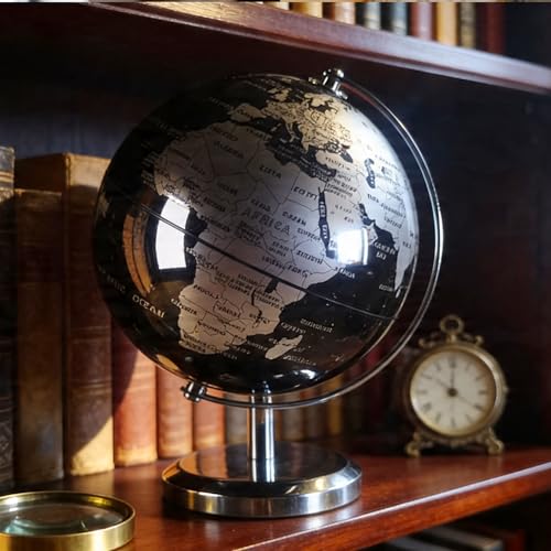 Aishini 14cm Rotating World Globe for Desk Decor Modern Black & Silver Metallic Earth Map Home Decoration with Heavy-Duty Stainless Steel Stand Geography Tool for Home Office Decor | Vintage Decor