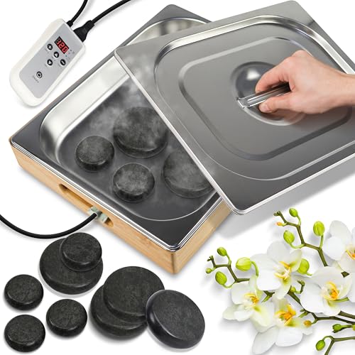 SereneLife Hot Stone Massage Kit with Heater 12 Black Basalt Stones with Digital Temperature Control & Tray Portable Electric Spa Set for Professional or Home Therapy