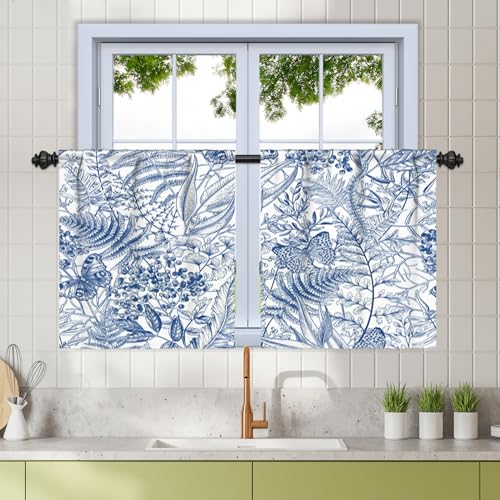 Renaiss 26 x 24 Inch Short Linen Curtains Farmhouse Blue Floral Print Tier Curtains Back Tab Drapes for Kitchen Bathroom Butterfly Leaf Berry Room Darkening Country Vintage Curtain Rod Pocket 2 Panels