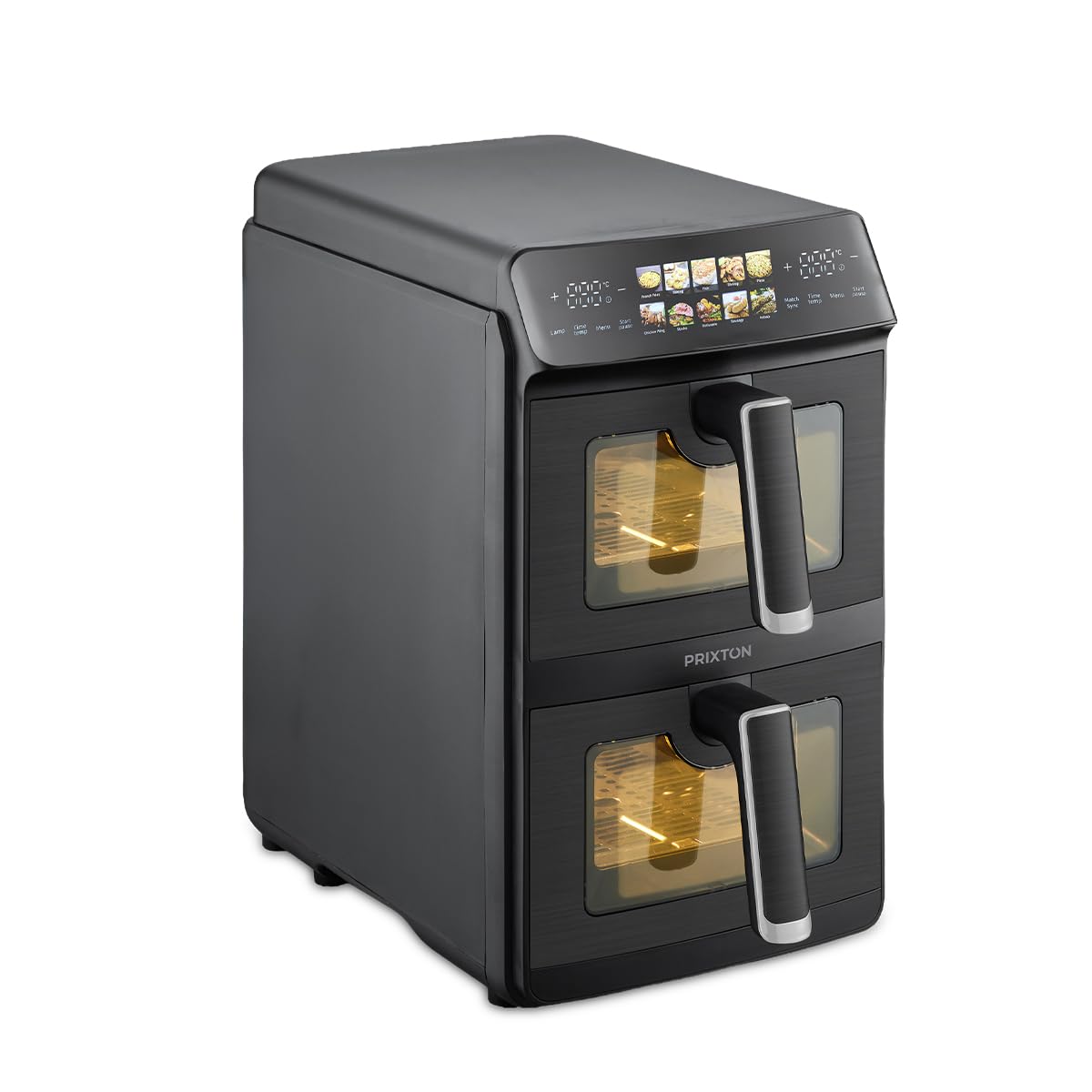 PRIXTON Friteuse à air verticale 10 L avec Double Panier 5 L + 5 L, 2600 W, Air fryer sans huile avec 2 Paniers indépendants, écran LED tactile, 10 Programmes, 80–200 °C, Fenêtre et éclairage