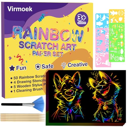 Virmoek 60 Pcs Scratch Art for Kids, Ages 3-8, Rainbow Scratch Paper Kit, Magic Scratch Off Art Craft Set, Mess-Free Kids Craft Supplies, Easter Basket Stuffers, Christmas Toys