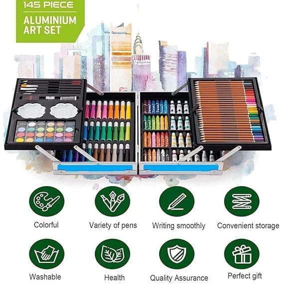 Image of 145 Pieces Art Set for Kids | Drawing & Colouring Kit with Oil Pastels, Watercolors, Color Pencils & Sketch Pens in Carry Case (Unicorn Theme)