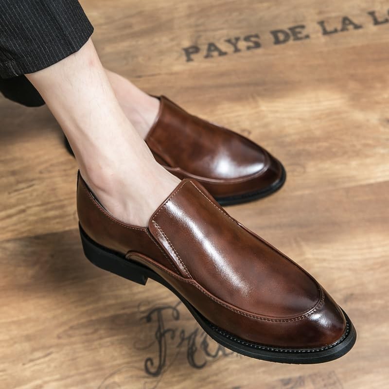 HOOENG Dress Oxford Shoes for Men Slip On Pointed Burnished Toe PU Leather Shoes Rubber Sole Block Heel Resistant Non Slip Anti-Slip Walking(Color:Brown,Size:10.5)2