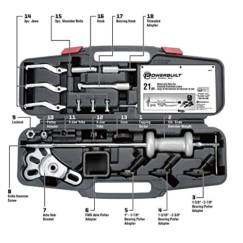 21 Piece Powerbuilt Master Axle Puller Tool Set for Car Front and Rear Bearings and Seals Repair, 648611 Silver, Vehicle Maintenance Kit for Professionals