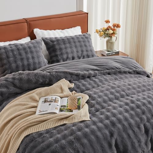EMME 掛け布団カバー 2点セット ラビットファー 毛布カバー 2WAY シングルサイズ ふわとろ 冬用 寝具カバーセット 羽毛布団カバー 枕カバー付き 静電気防止 洗える 寝室 北欧 おしゃれ 洗える 150x210cm/43x63cmグレー