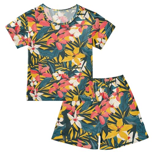 ALAZA Tropical Floral Palm Leaves Yellow Pajamas Short Sleeve 2 Piece Sleepwear Top and Bottom Pajama Set Unisex