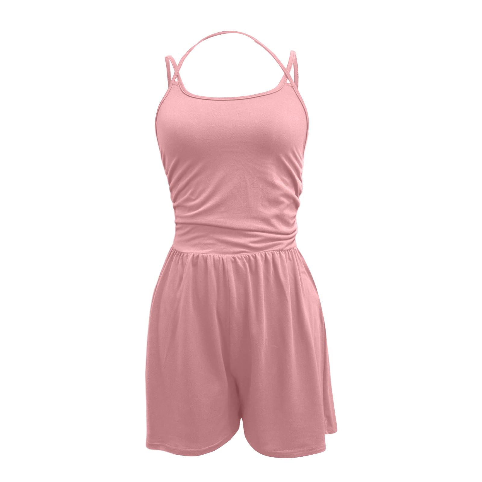 Tuta corta estiva da donna, senza maniche, a gamba larga, elegante | Salopette monopezzo, scollo a U, spalline sottili, schiena scoperta, tinta unita, sexy, per allenamento