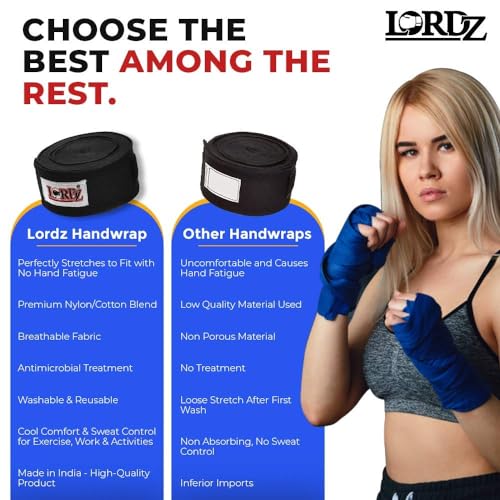 Image of Lordz Cotton /Nylon Boxing Hand Wraps (Set of 2) Combo Semi Elastic Hand & Wrist Support for Kickboxing Training Gym Workout (Size: 127 Inch)