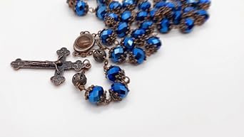 Nazareth Store Deep Blue Crystal Beads Rosary Necklace Catholic Prayer Jerusalem Holy Soil Medal