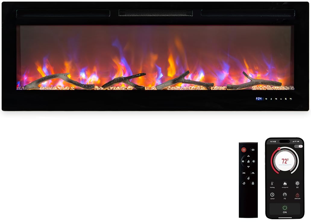 Chimenea eléctrica, chimenea eléctrica empotrada y montada en la pared de 50 pulgadas, control inteligente con WiFi y control remoto, brillo ajustable, colores de cama de carbono, pantalla táctil, 13