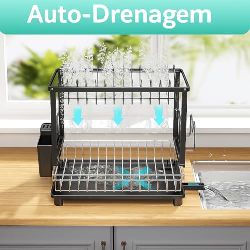 Image of ALENKO 2 Tier Black Steel Compact Dish Drying Rack with Drain 360