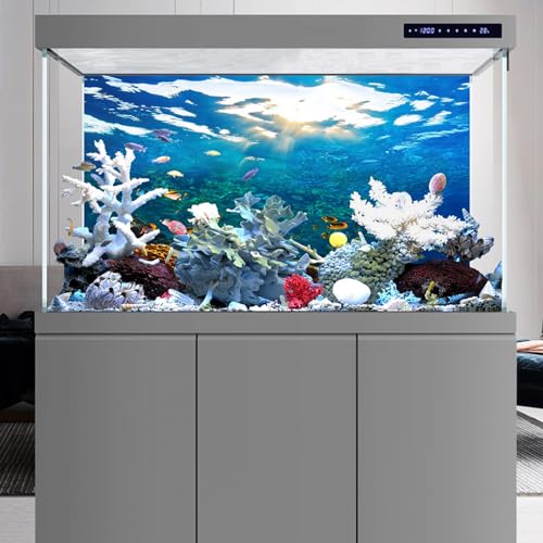 Image of YongFoto Ocean Theme Fish Tank Background 30x12 inch Seaweed Coral Reef Rock Seafloor Tropical Fish Underwater Sea World Polyester Backdrop Reptile Habitat Terrarium Aquarium Background