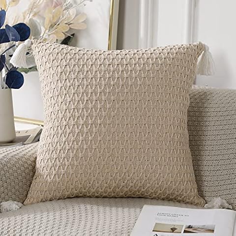PANOD Beige Boho Knitted Throw Pillow Covers 18 x 18 inch,Beige and White Interwoven Jacquard Decorative Tufted Tassel Pillowcase Cushion case for Couch Sofa Bedroom Living Room Farmhouse Cover