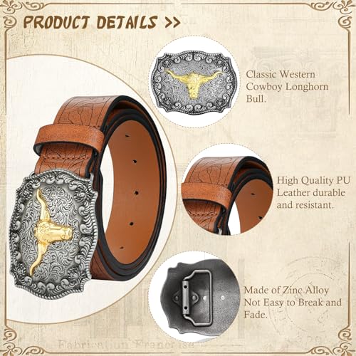 Btilasif Western Cowboy Belts for Men Women- PU Leather Floral Pattern Engraved Longhorn Bull Buckle Belts for Jeans4