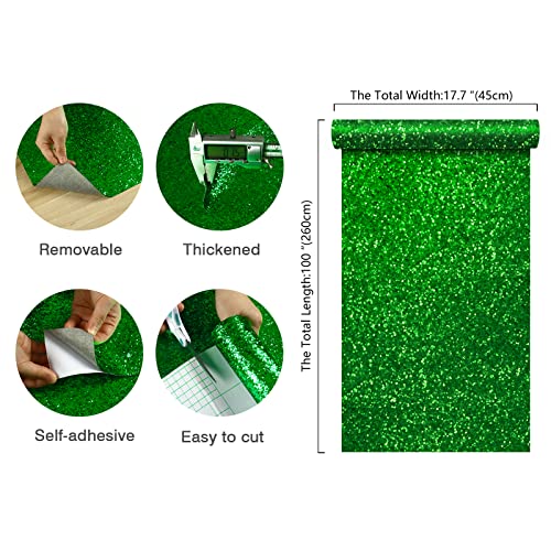 Chihut 17.7''X100'' Glitter Wallpaper Stick And Peel Green Sparkle Sequins Glitter Wallpaper For Walls Self Adhesive Removable Chunky Glitter Green Contact Paper Fabric Roll For Bedroom Cabinets Gift #TOP1