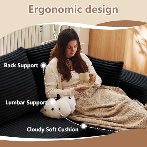 Image of Modern Modular Sectional Sofa, Big Comfy Corduroy Cloud Couch with Deep Seat, Boneless Couch Upholstered 6-Seater U-Shaped Sofa for Living Room, No Assembly Required (Black, Right-Facing Chaise)