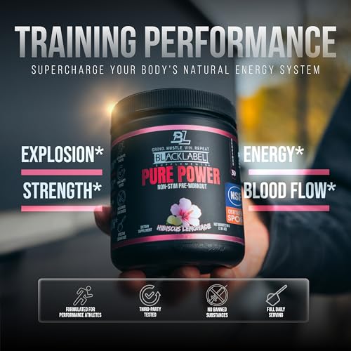 Image of Blacklabel Pure Power NSF Certified for Sport Pre-Workout Hibiscus Lemonade | Caffeine Free Non Stim Pre Workout with Creatine Monohydrate & Peak ATP for Energy & Endurance, 30 Servings