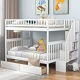 Bunk Beds Full Over Full Size, Solid Wood Full Bunk Beds with Drawers and Stairway, Full Length Guardrail, No Box Spring Needed (White Full Over Full Bunk Beds)