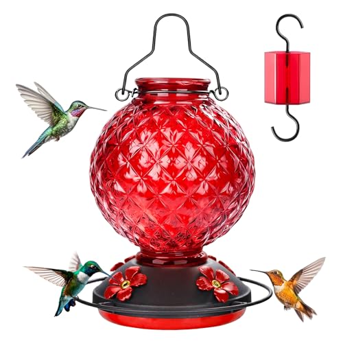 Tegarbed 25 OZ Glass Hummingbird Feeder for Outdoors Leak Proof Hummingbird Feeder with Ant Moat 4 Bee Resistant Feeding Ports Easy Clean Wide Mouth Design 360 Perch Hanging Nectar Feeder Red